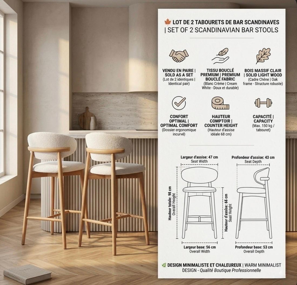 Set of 2 Warm Wood Counter Stools | 27" Height | Kitchen Island Counter Seat | Scandinavian Style