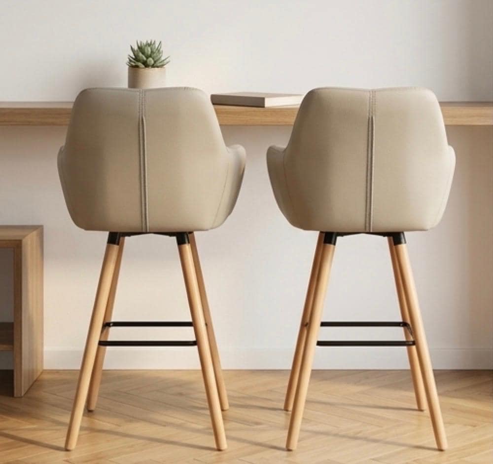 Set of 2 Beige High Back Bar Stools | 41.3" Height | Kitchen Island Counter Seat | Modern Style