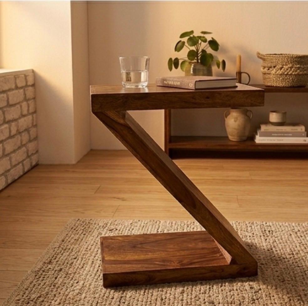 Walnut Sculptural Side Table | 23.2" Height | Living Room Accent Table | Minimalist Style