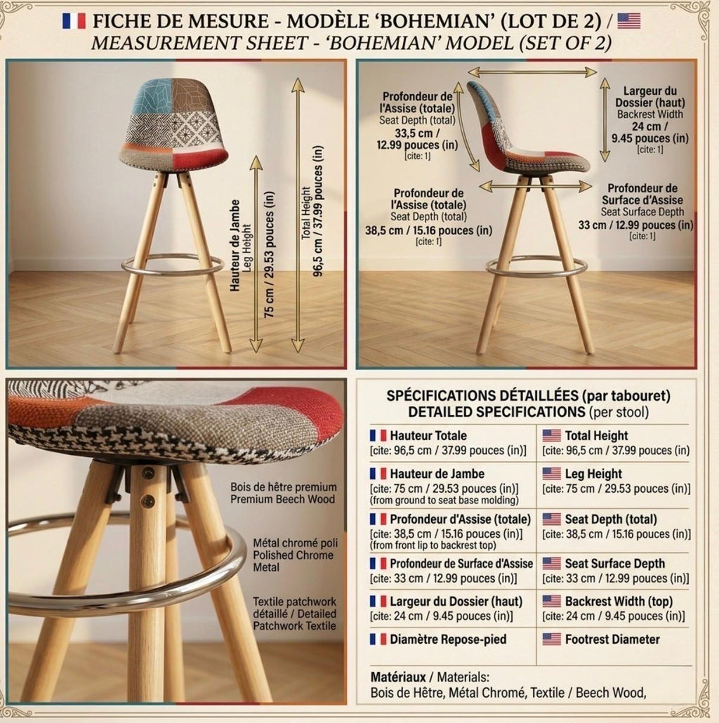 Patchwork Bar Stool | 29.5" Height | Kitchen Island Counter Seat | Boho Style