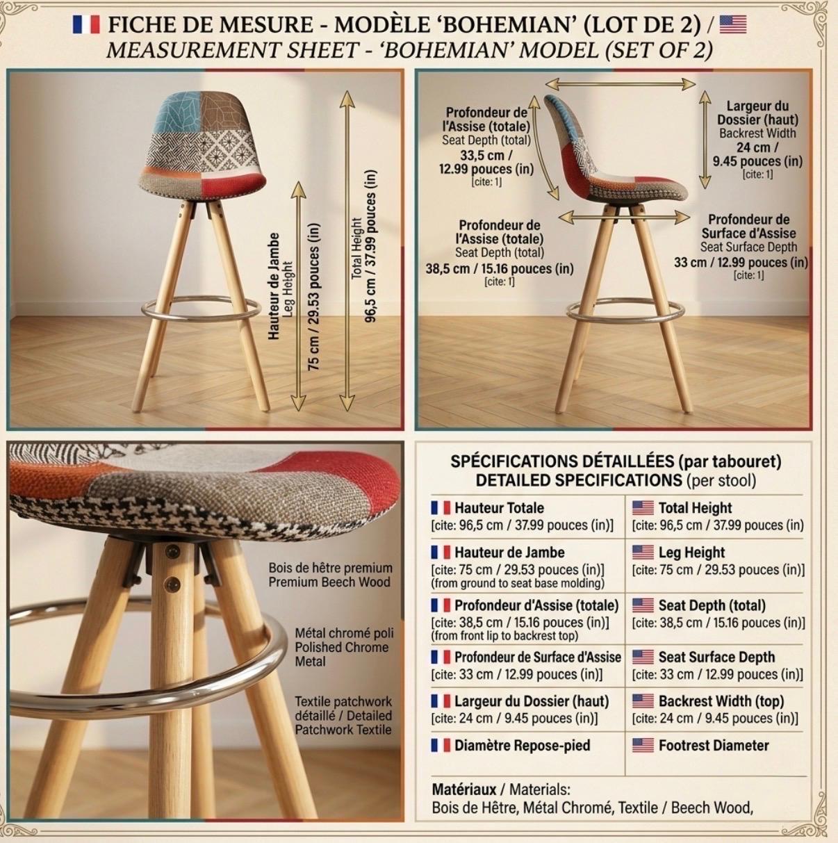 Patchwork Bar Stool | 29.5" Height | Kitchen Island Counter Seat | Boho Style