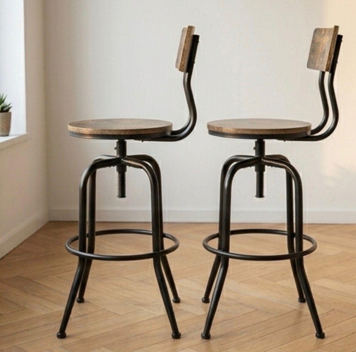 Set of 2 Rustic Brown Swivel Bar Stools | 29.5" Height | Home Bar Chair | Industrial Style