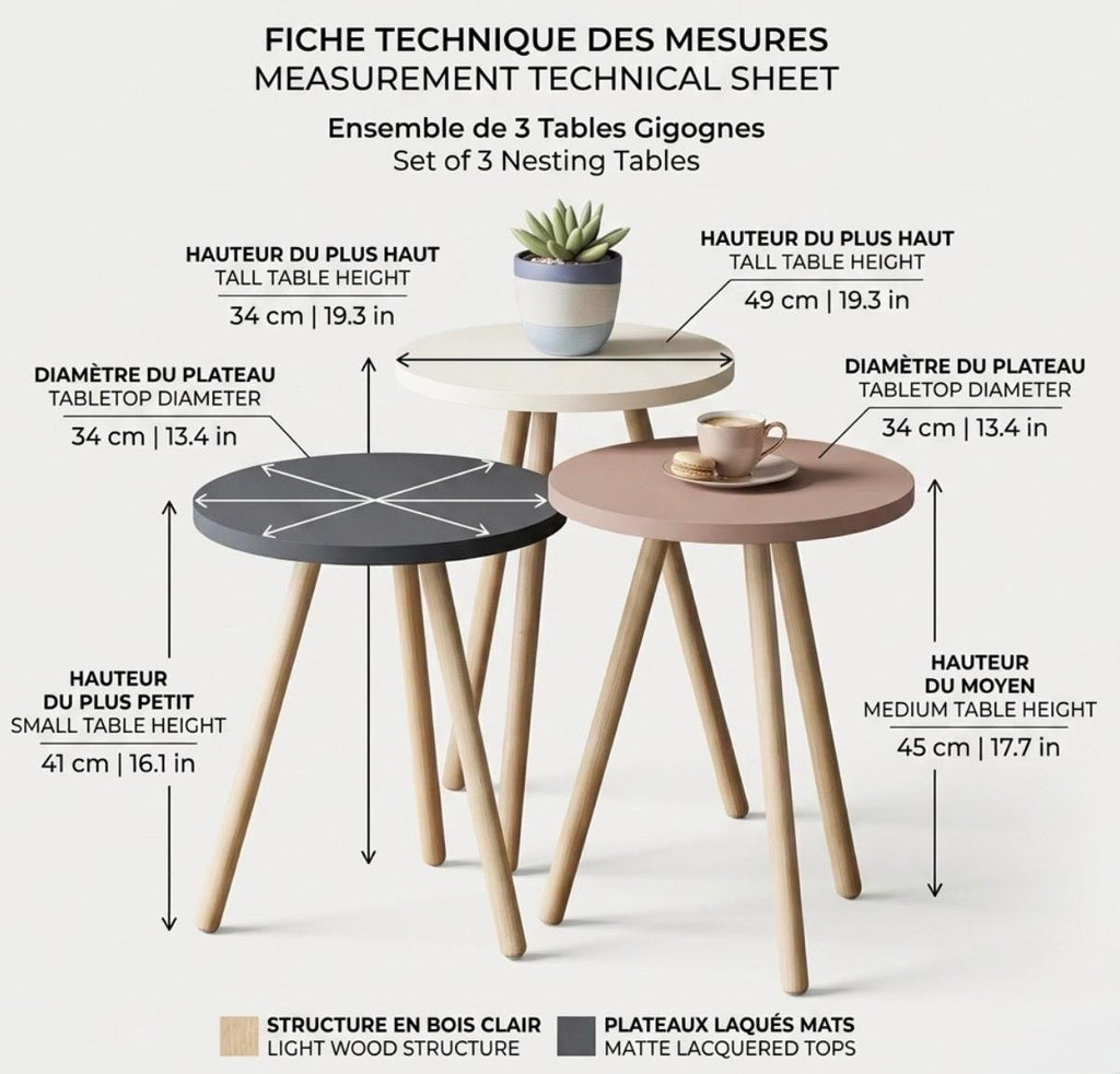 Set of 3 Colorful Nesting Side Tables | 19.3" Height | Living Room Accent Table | Scandinavian Style