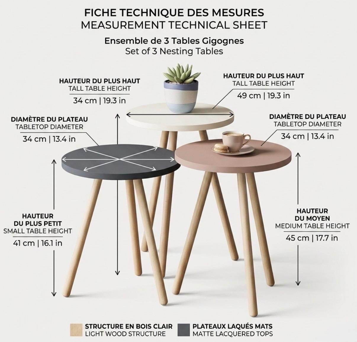 Set of 3 Colorful Nesting Side Tables | 19.3" Height | Living Room Accent Table | Scandinavian Style