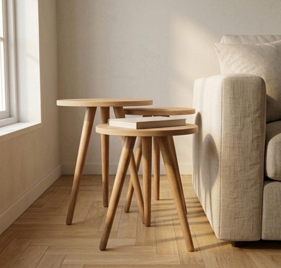 Set of 3 Natural Wood Nesting Tables | 22" Height | Living Room Accent Table | Scandinavian Style