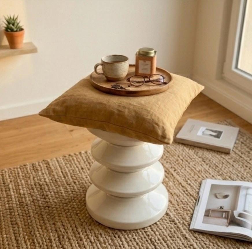 Off White Ceramic Stool | 19" Height | Living Room Accent Table | Minimalist Style