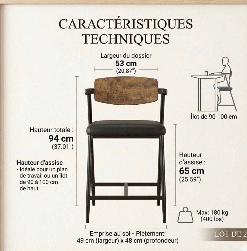 Black Bar Stool | 26" Height | Kitchen Island Counter Seat | Industrial Style