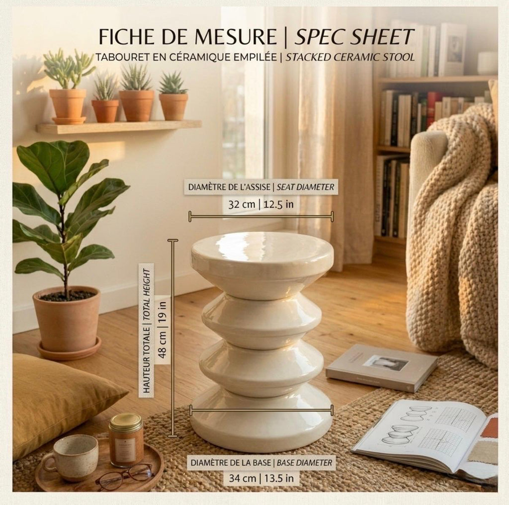 Off White Ceramic Stool | 19" Height | Living Room Accent Table | Minimalist Style