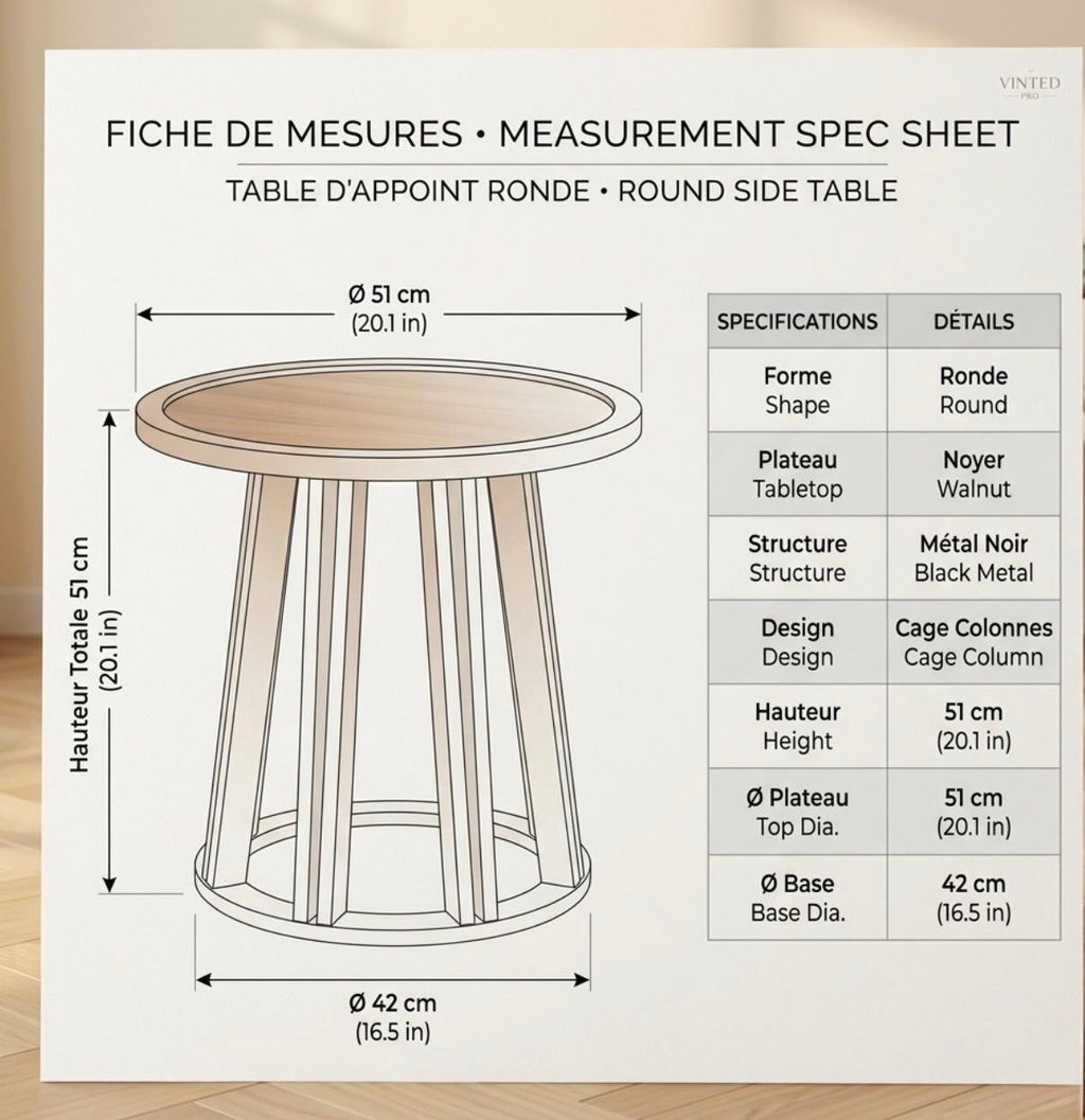 Walnut Round Side Table | 20" Height | Bedroom End Table | Industrial Style