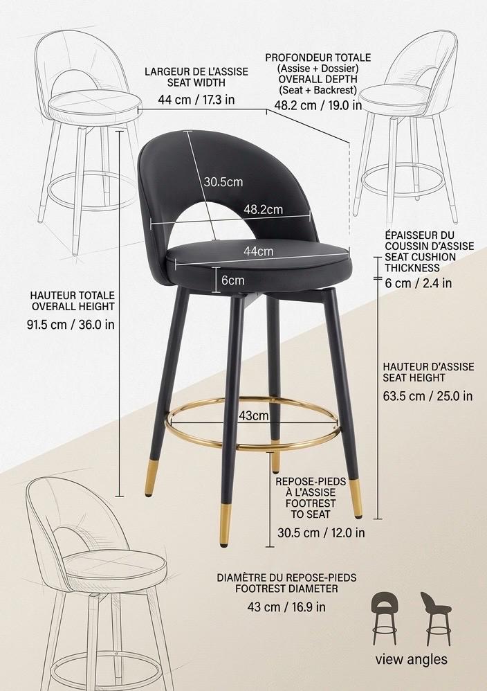 Set of 2 Black Bar Stools | 38" Height | Kitchen Island Counter Seat | Contemporary Style