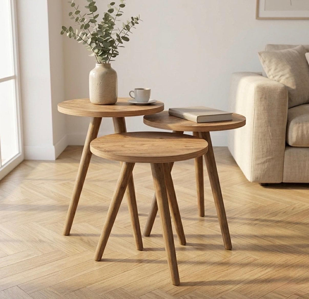 Set of 3 Natural Wood Nesting Tables | 22" Height | Living Room Accent Table | Scandinavian Style
