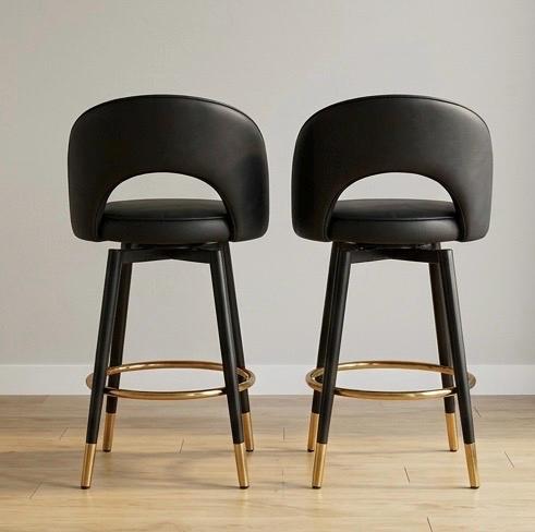 Set of 2 Black Bar Stools | 38" Height | Kitchen Island Counter Seat | Contemporary Style