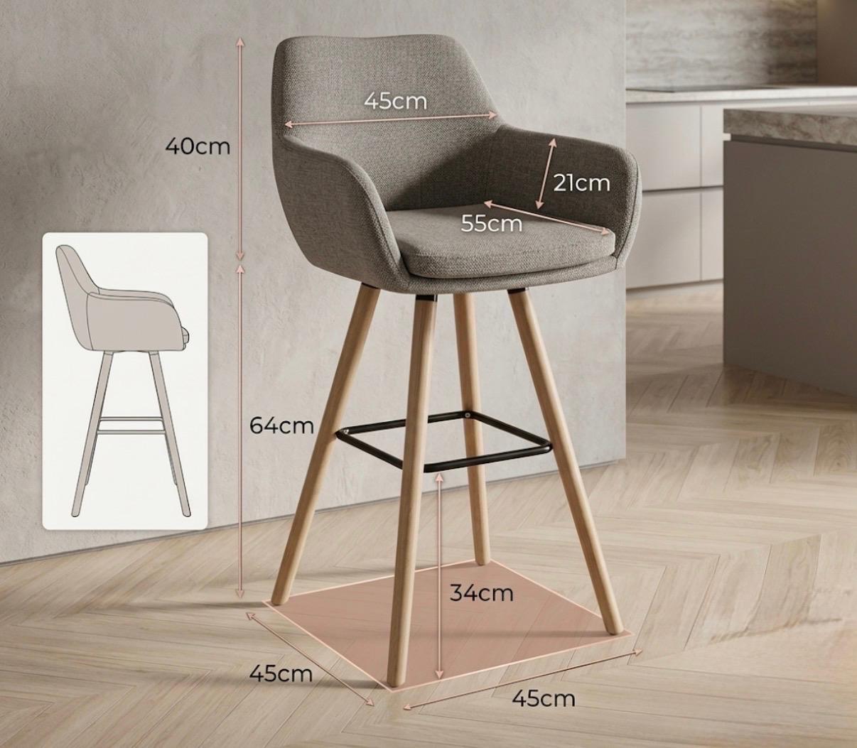 Set of 2 Beige High Back Bar Stools | 41.3" Height | Kitchen Island Counter Seat | Modern Style