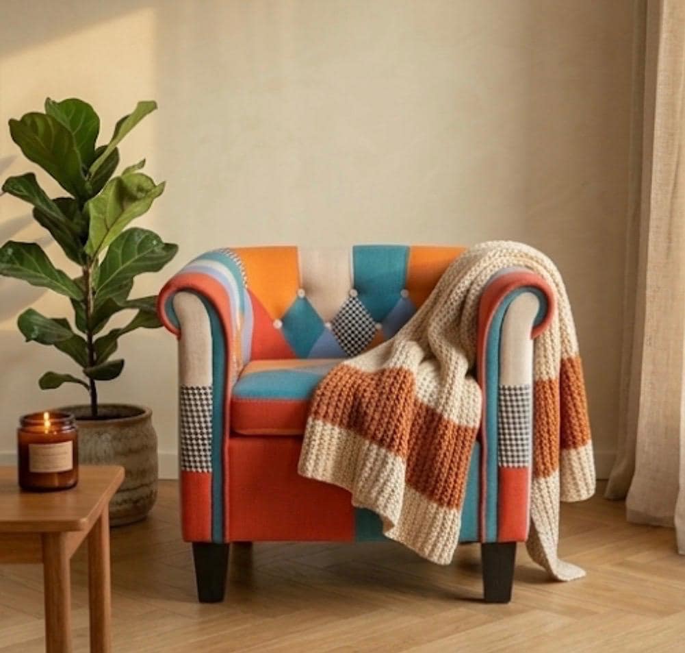 Colorful Patchwork Accent Chair | 25.6" Height | Living Room Chair | Boho Style