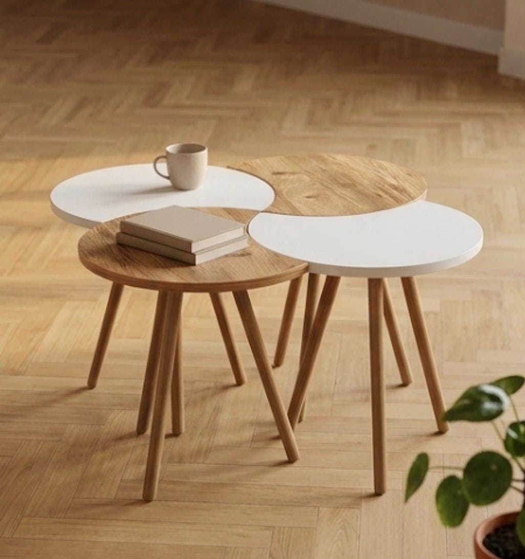 Set of 4 Wood and White Nesting Tables | 19" Height | Living Room Accent Table | Minimalist Style