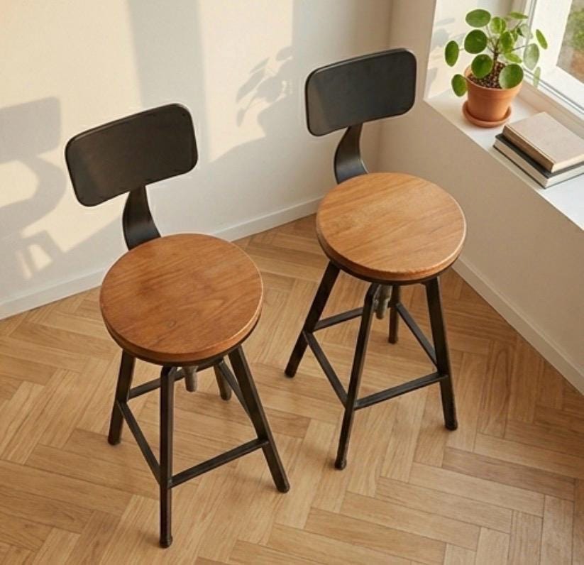Set of 2 Rustic Wood Bar Stools | Adjustable Height 25-33" | Kitchen Island Counter Seat | Industrial Style