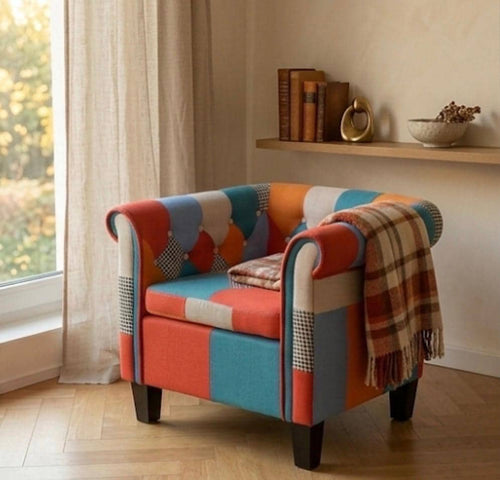 Colorful Patchwork Accent Chair | 25.6" Height | Living Room Chair | Boho Style