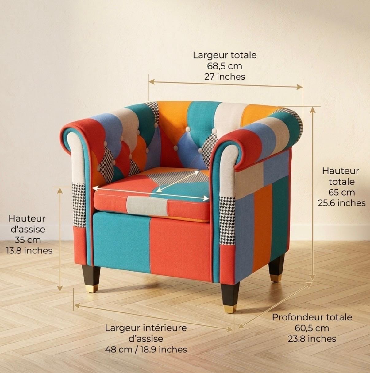 Colorful Patchwork Accent Chair | 25.6" Height | Living Room Chair | Boho Style