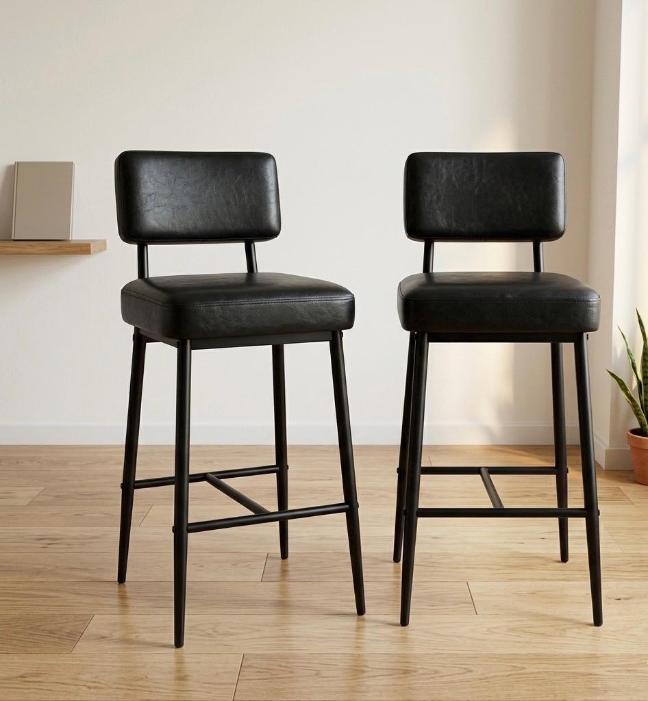 Black Bar Stool with Backrest | 26" Height | Kitchen Island Counter Seat | Industrial Style