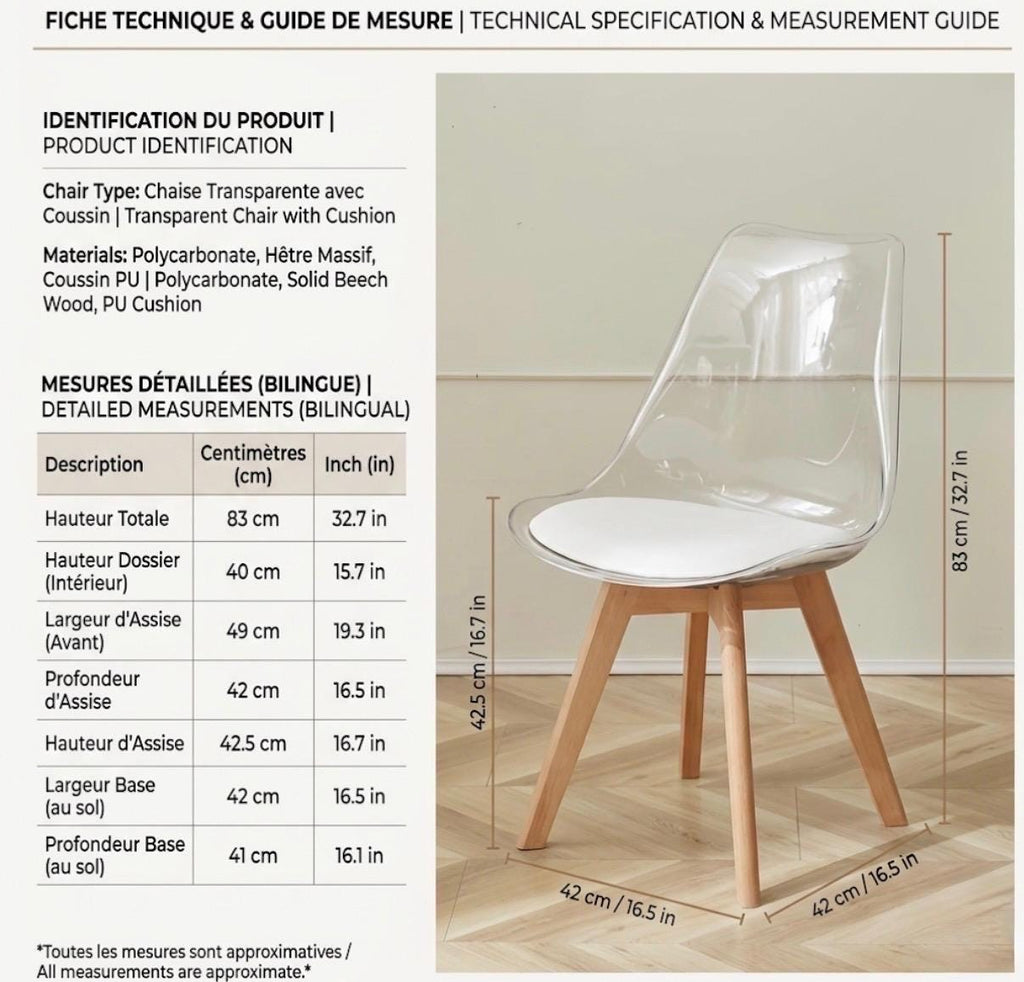 Set of 4 Transparent Dining Chairs with White Cushions | 32.7" Height | Dining Room Seat | Scandinavian Style