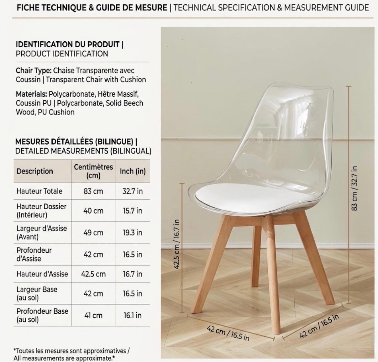 Set of 4 Transparent Dining Chairs with White Cushions | 32.7" Height | Dining Room Seat | Scandinavian Style
