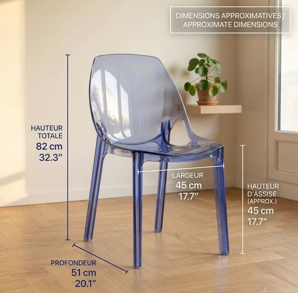 Set of 2 Blue Transparent Ghost Dining Chairs | 32.3" Height | Dining Room Seat | Minimalist Style