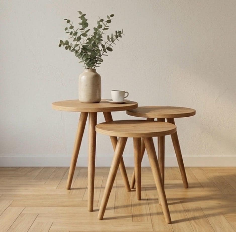 Set of 3 Natural Wood Nesting Tables | 22" Height | Living Room Accent Table | Scandinavian Style