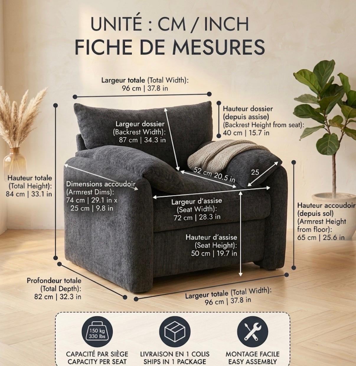 Charcoal Gray Lounge Chair, Oversized Minimalist Armchair (Plush Seating)