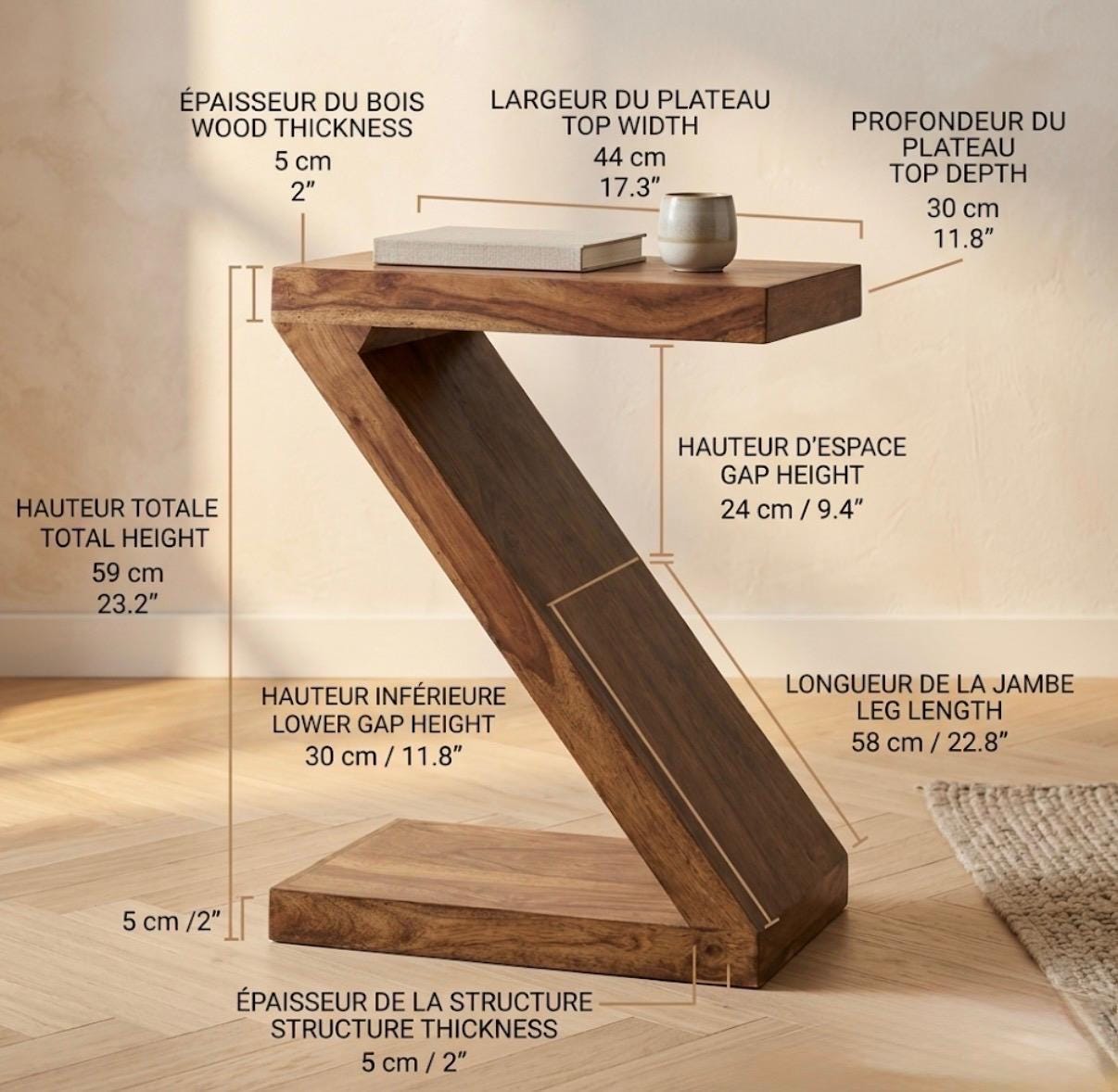 Walnut Sculptural Side Table | 23.2" Height | Living Room Accent Table | Minimalist Style