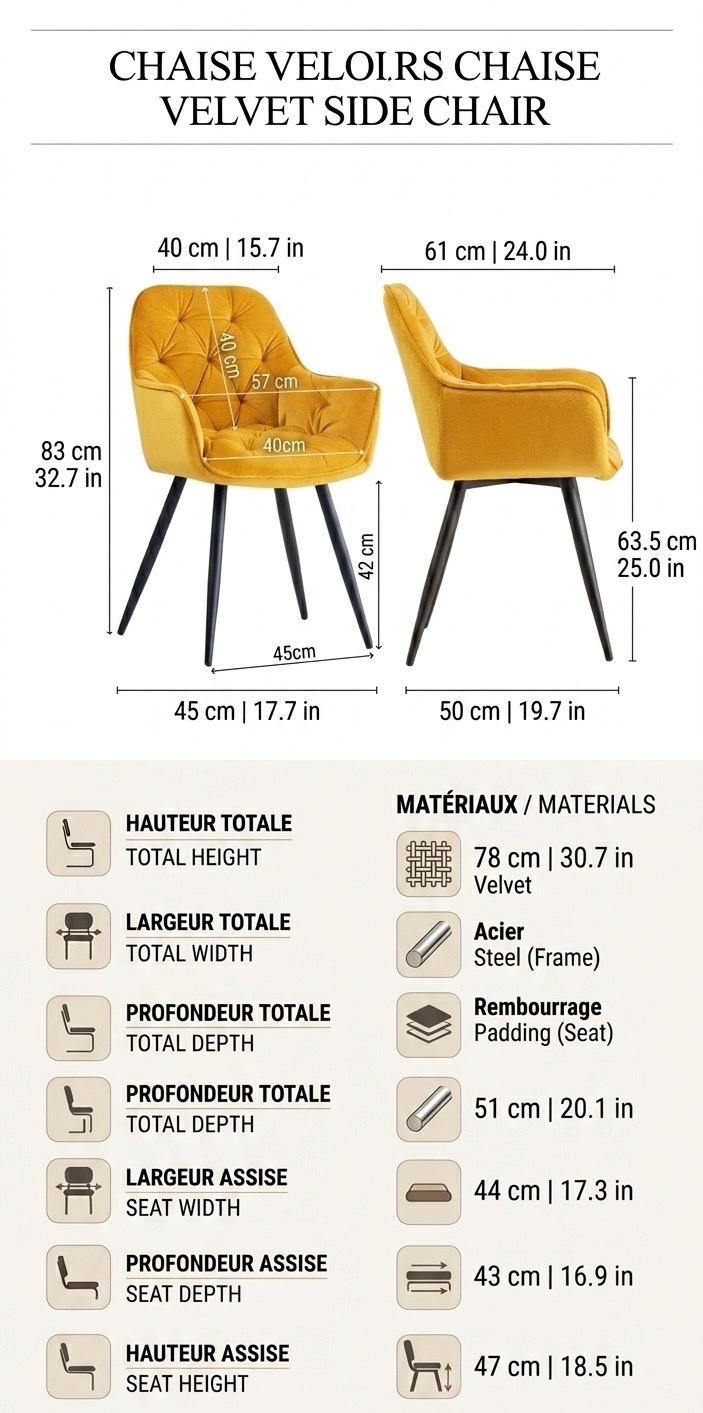 Set of 4 Yellow Dining Chairs | 32.7" Height | Dining Room Seat | Modern Style