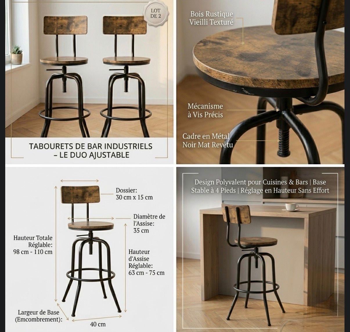 Set of 2 Rustic Brown Swivel Bar Stools | 29.5" Height | Home Bar Chair | Industrial Style