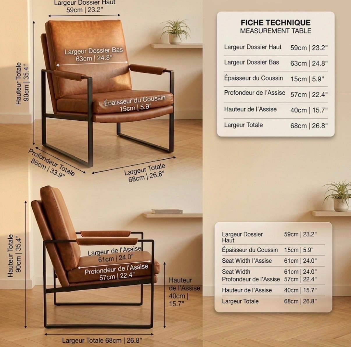 Cognac Armchair | 35" Height | Living Room Chair | Mid Century Style