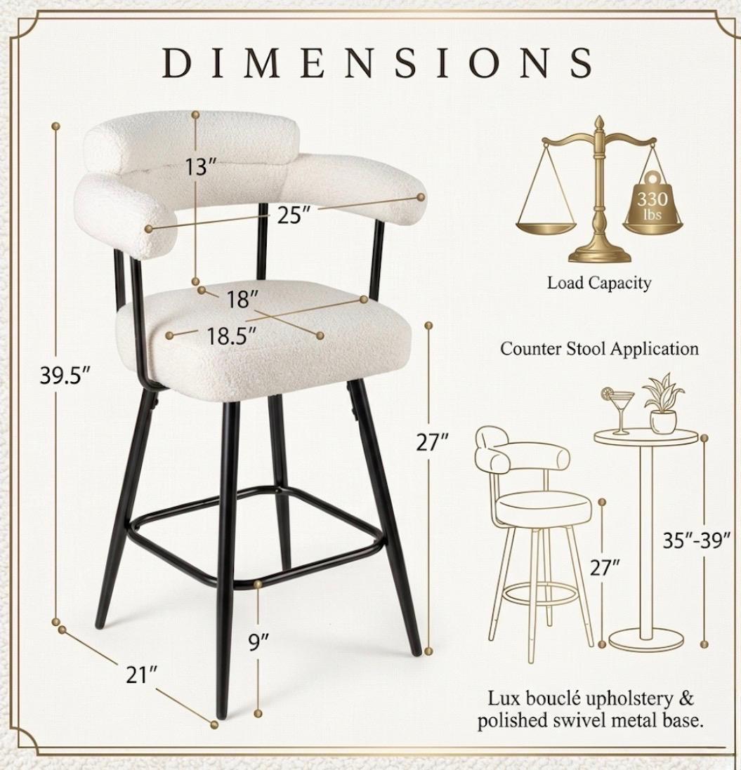 Black Counter Stool | 39.5" Height | Kitchen Island Counter Seat | Minimalist Style