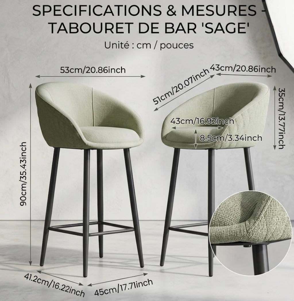 Sage Green Bar Stool | 25.6" Height | Kitchen Island Counter Seat | Minimalist Style