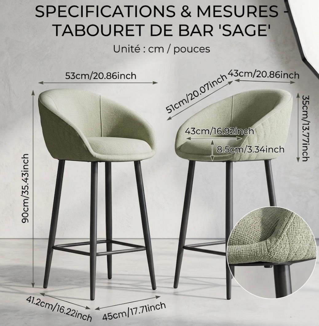 Sage Green Bar Stool | 25.6" Height | Kitchen Island Counter Seat | Minimalist Style