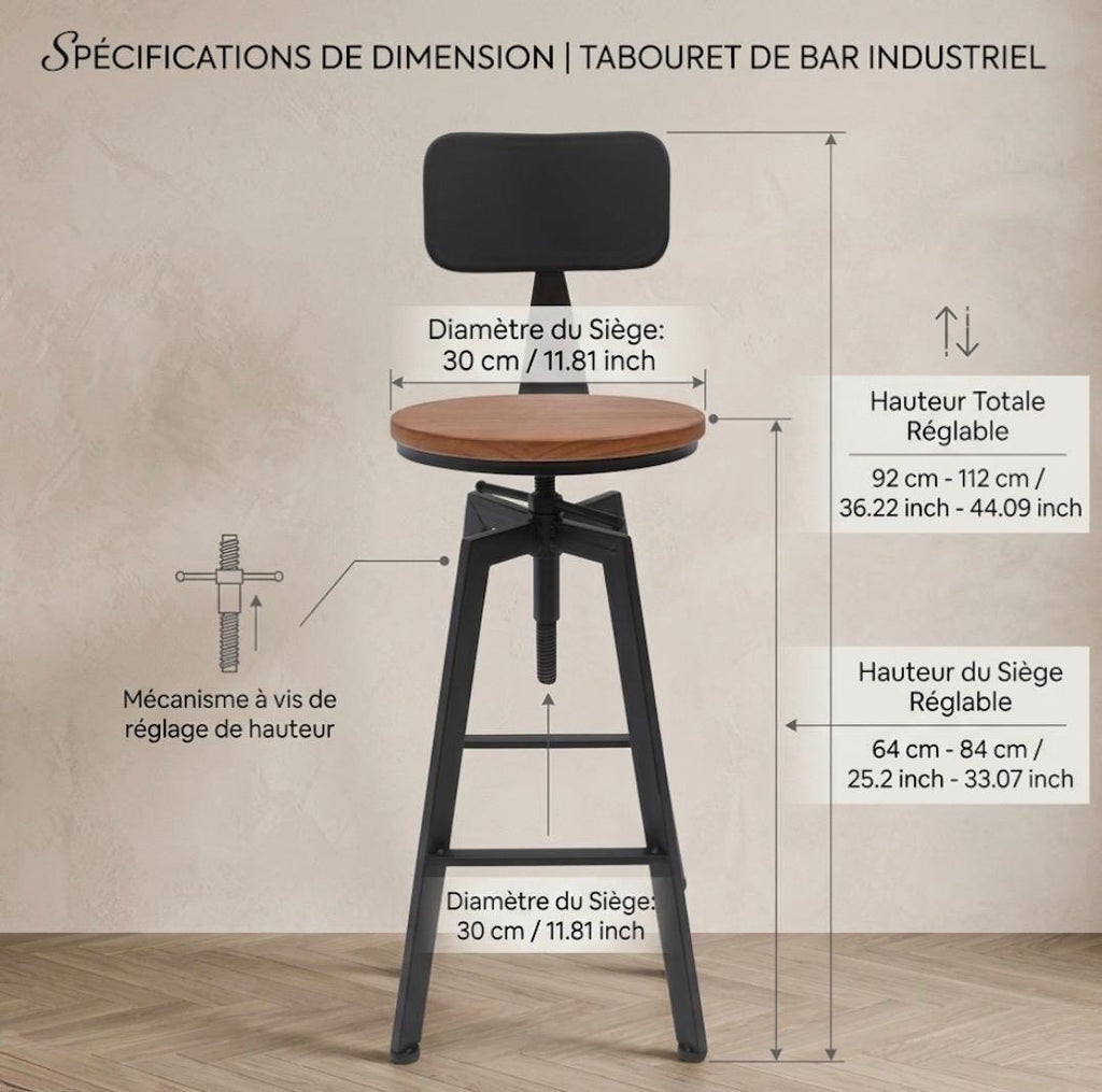 Set of 2 Rustic Wood Bar Stools | Adjustable Height 25-33" | Kitchen Island Counter Seat | Industrial Style