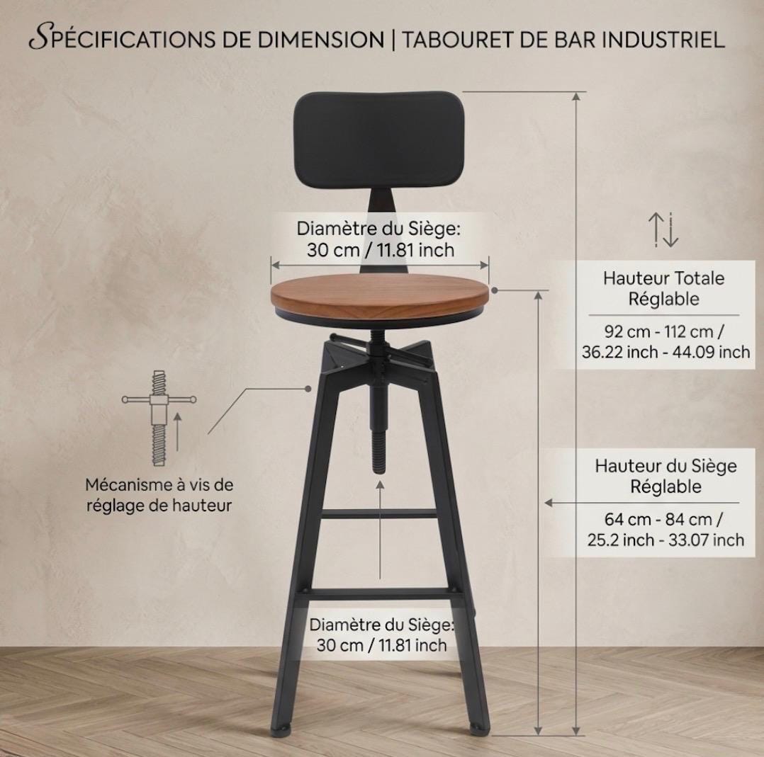 Set of 2 Rustic Wood Bar Stools | Adjustable Height 25-33" | Kitchen Island Counter Seat | Industrial Style