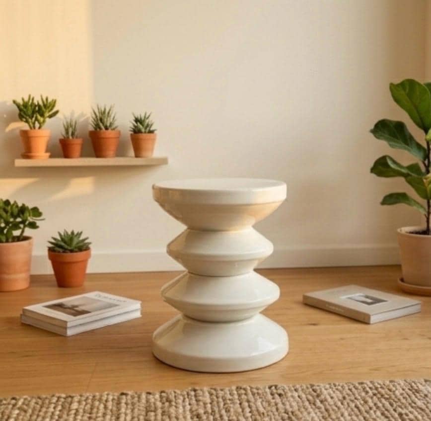 Off White Ceramic Stool | 19" Height | Living Room Accent Table | Minimalist Style