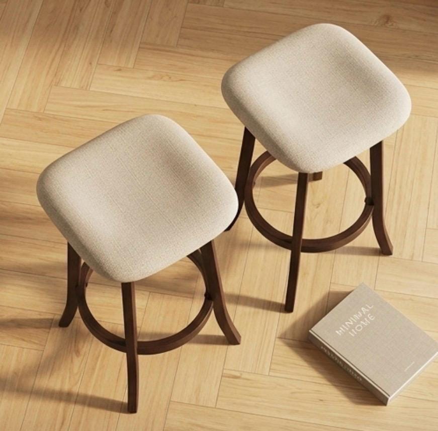 Set of 2 Cream and Brown Bar Stools | 29" Height | Kitchen Island Counter Seat | Minimalist Style