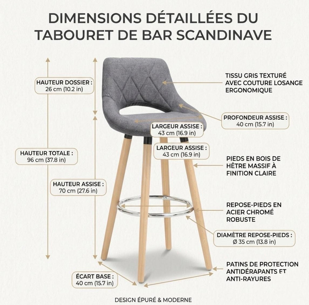 Set of 2 Gray Bar Stools | 28" Height | Home Bar Chair | Scandinavian Style
