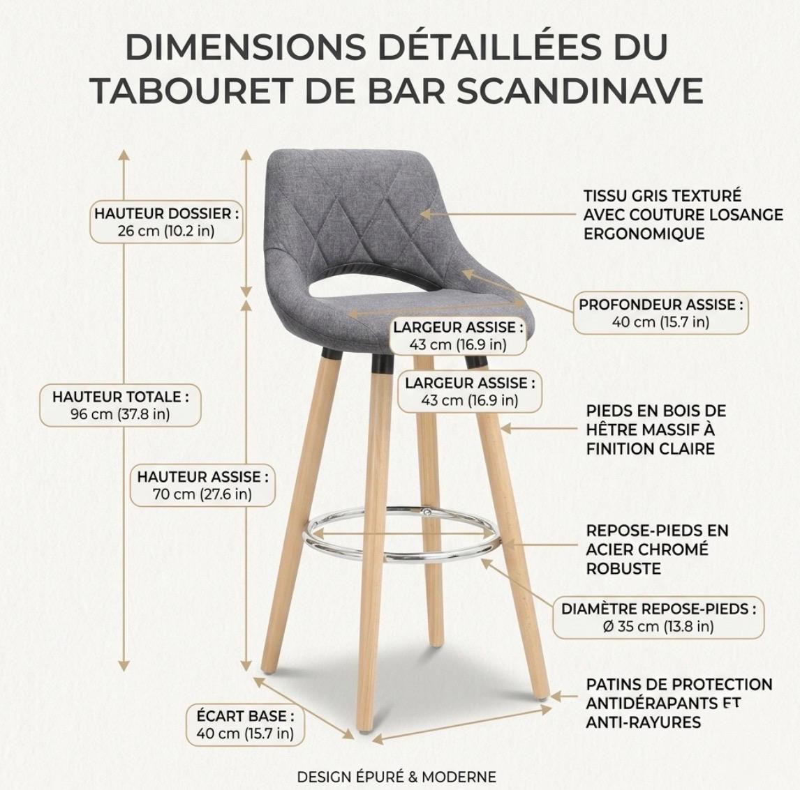 Set of 2 Gray Bar Stools | 28" Height | Home Bar Chair | Scandinavian Style