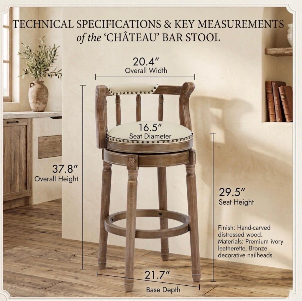 Set of 2 Cream Bar Stools | 29.5" Height | Kitchen Island Counter Seat | French Vintage Style