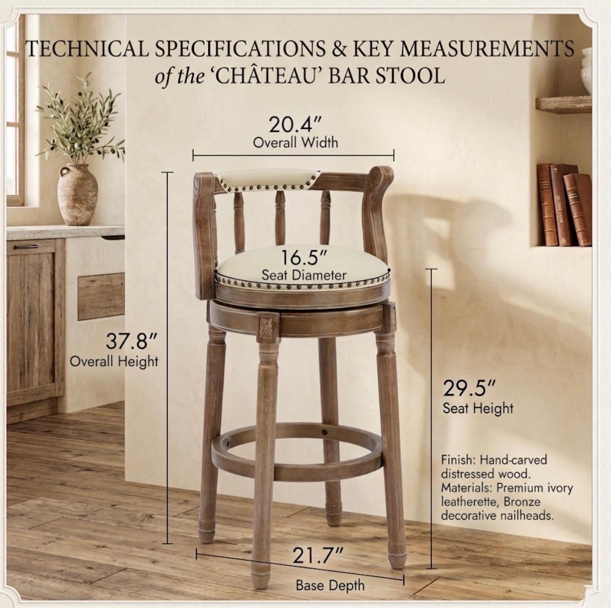 Set of 2 Cream Bar Stools | 29.5" Height | Kitchen Island Counter Seat | French Vintage Style