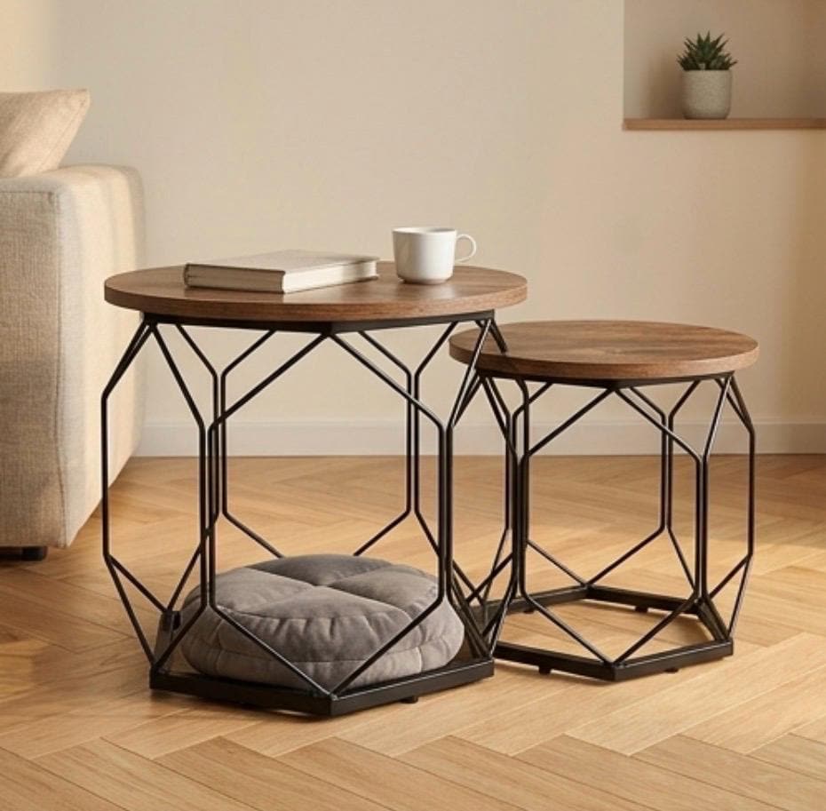Set of 2 Walnut Nesting Side Tables | 17.7" Height | Living Room Accent Table | Industrial Style