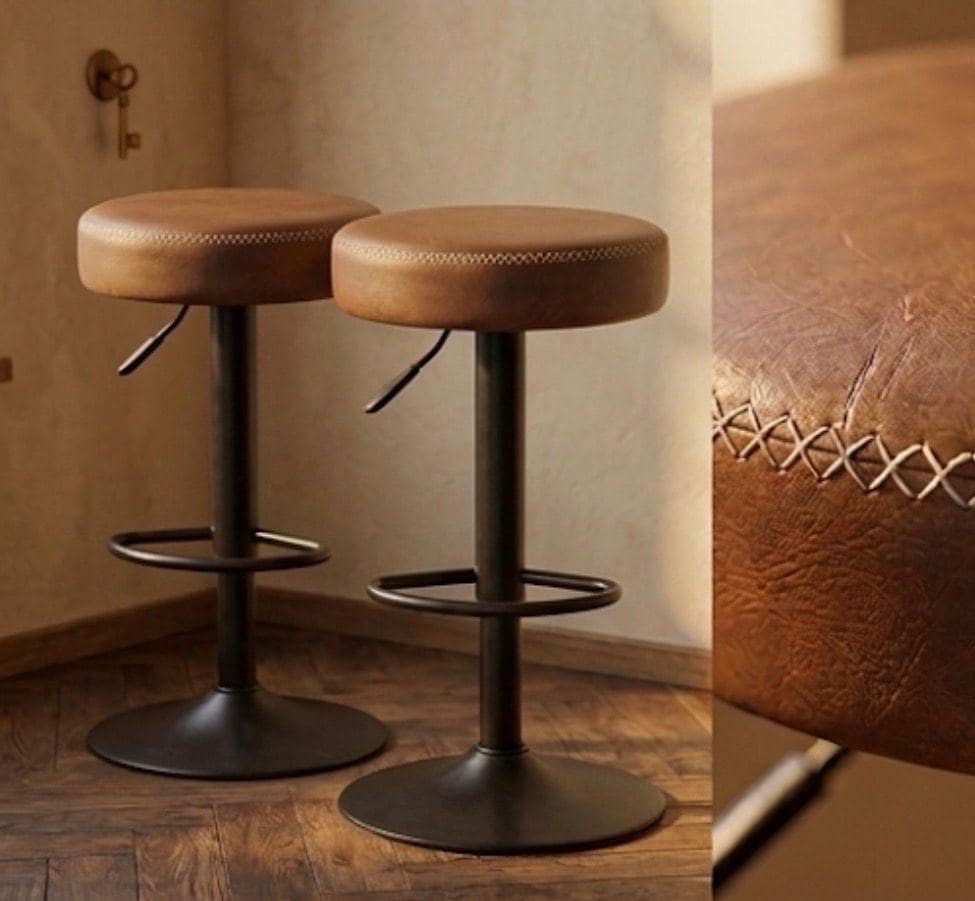 Set of 2 Rustic Brown Bar Stools | 25-33" Height | Home Bar Chair | Industrial Style