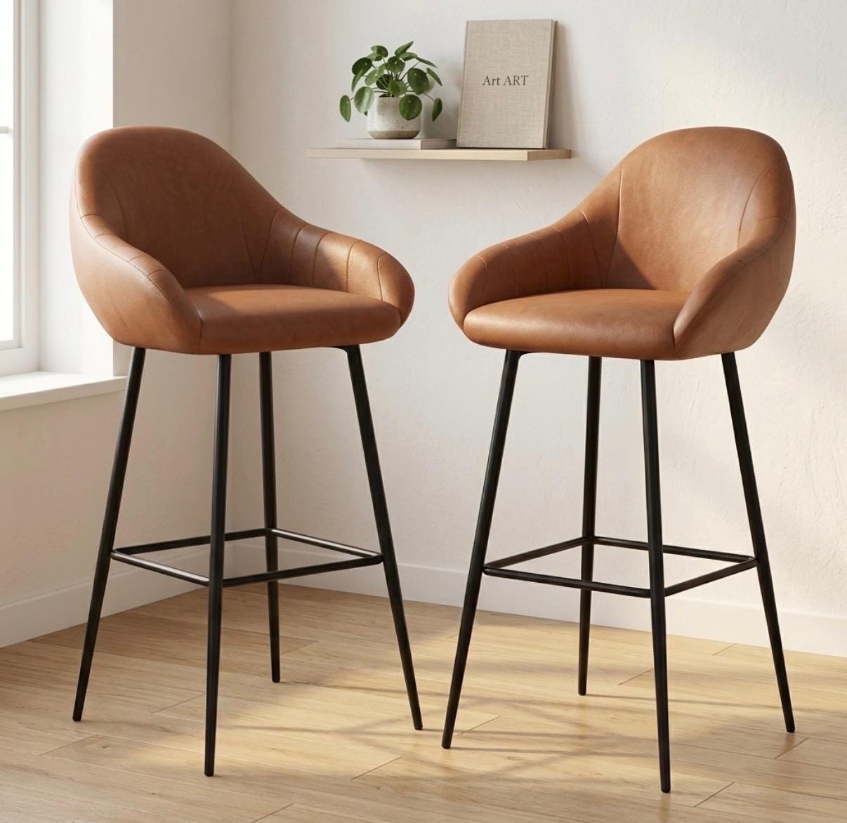 Set of 2 Brown Bar Stools | 26" Height | Kitchen Island Counter Seat | Modern Style