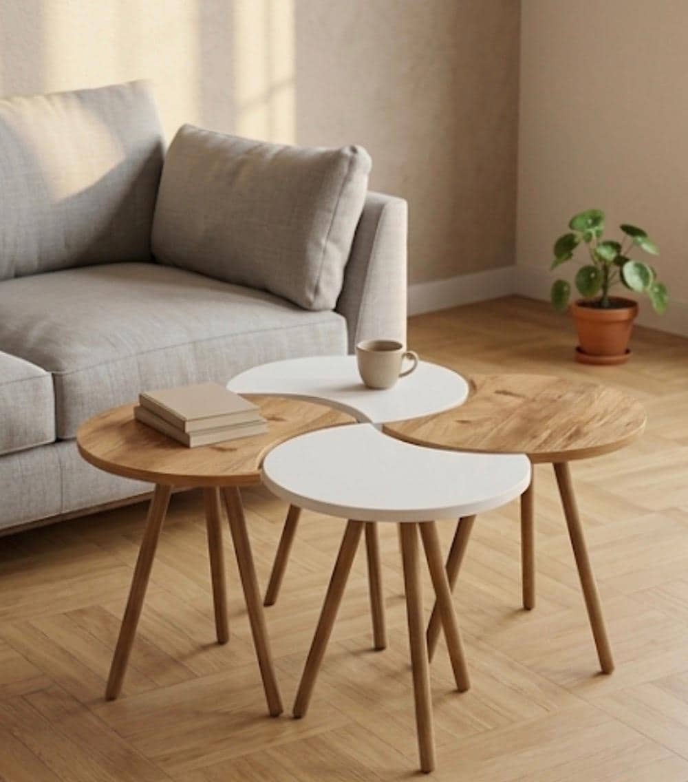 Set of 4 Wood and White Nesting Tables | 19" Height | Living Room Accent Table | Minimalist Style
