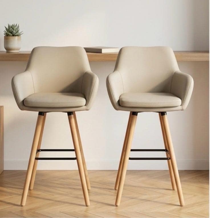 Set of 2 Beige High Back Bar Stools | 41.3" Height | Kitchen Island Counter Seat | Modern Style