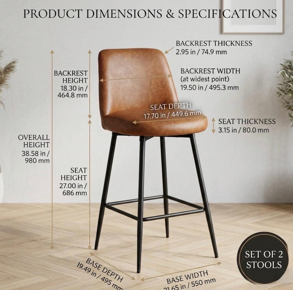Set of 2 Black Counter Stools | 38.5" Height | Kitchen Island Counter Seat | Modern Style