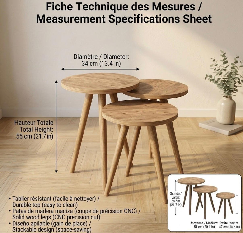 Set of 3 Natural Wood Nesting Tables | 22" Height | Living Room Accent Table | Scandinavian Style